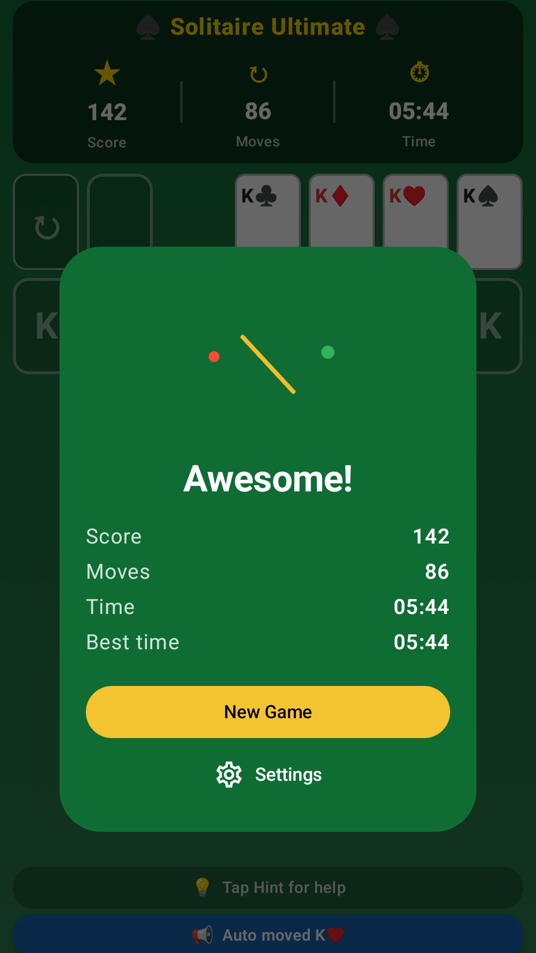 Solitaire Game tableau screen