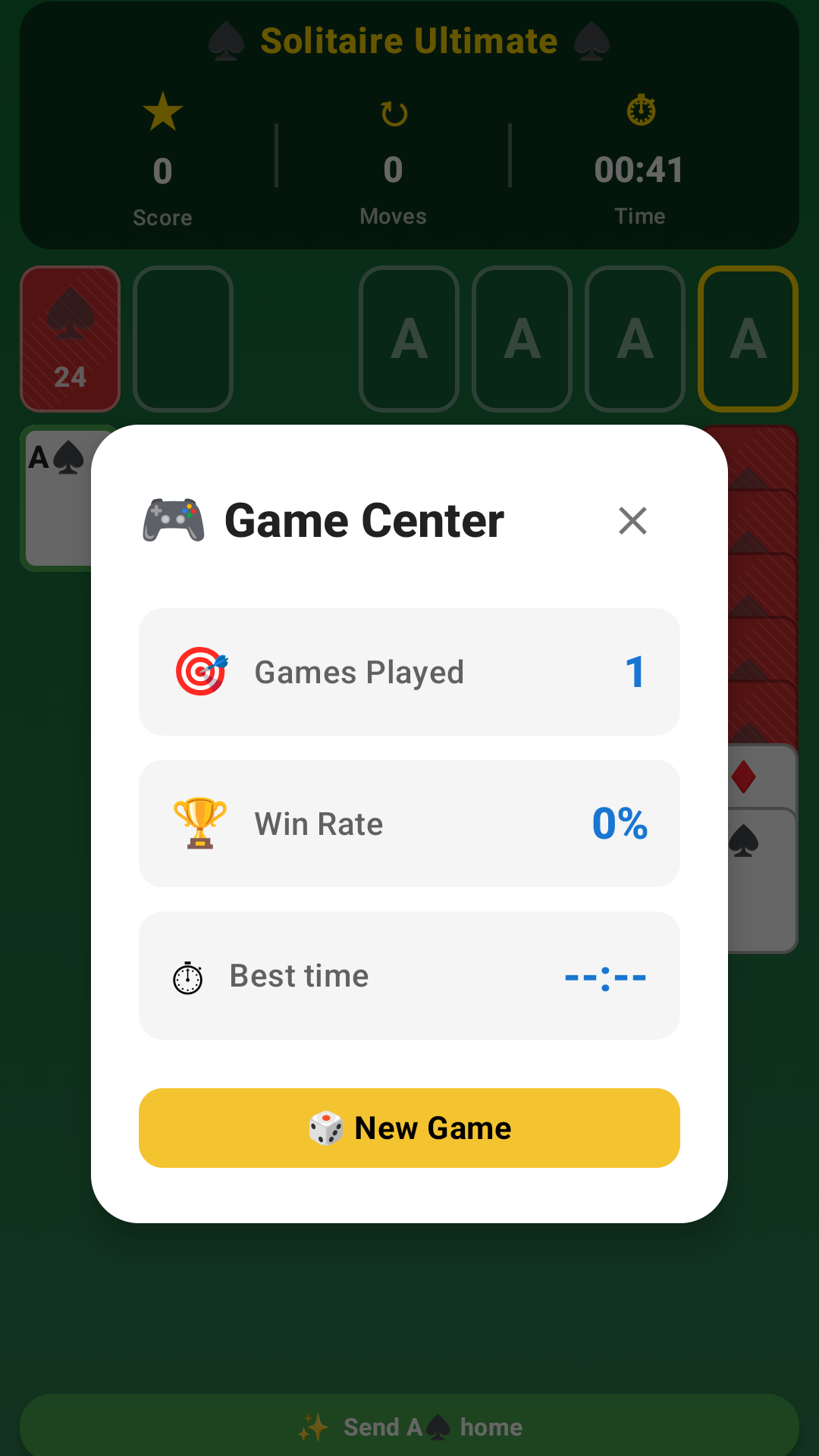 Solitaire Game settings screen